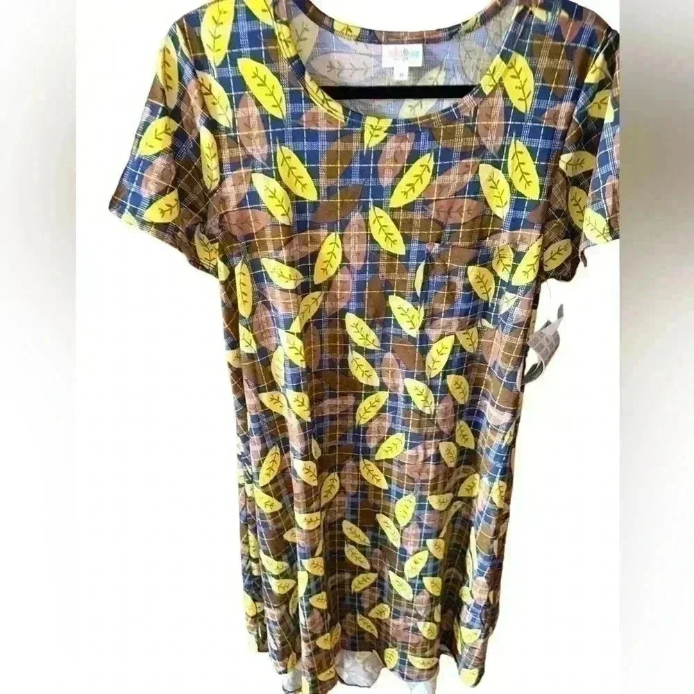 Lularoe medium brown& navy plaid Carly swing‎ dress:NWT . Leaf pattern over top